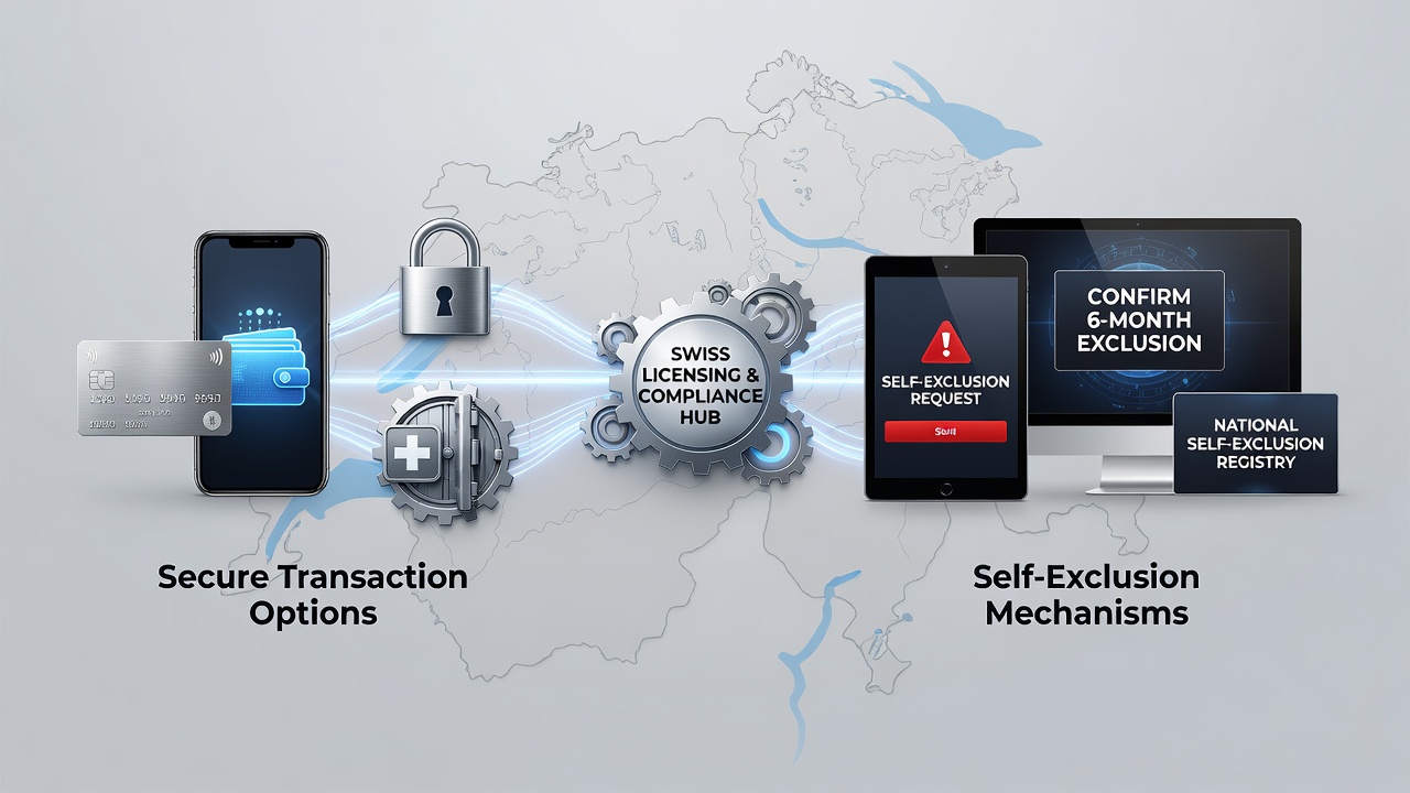 Diagram showing data flow between payment processors and self-exclusion databases in regulated Swiss gaming sites